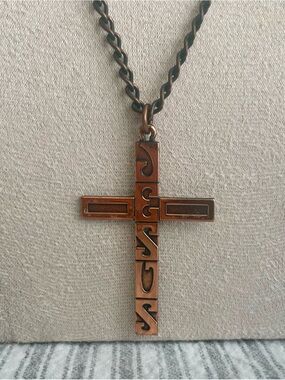 Vintage Solid Copper JESUS Cross Pendant Necklace Mid-Century Religious #781